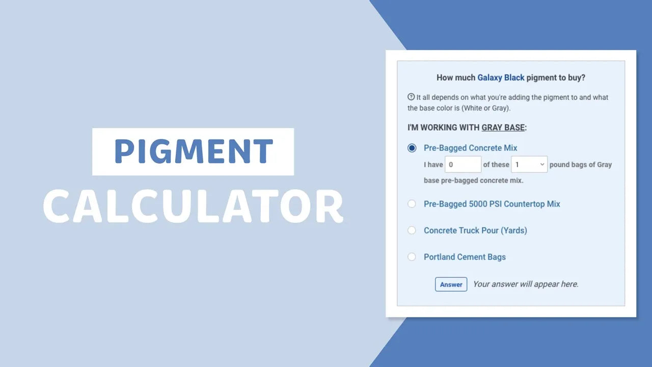 Load video: Pre-bagged concrete mix, pre-bagged 5,000 PSI countertop mix, concrete truck pour (yards), and portland cement bags calculators.