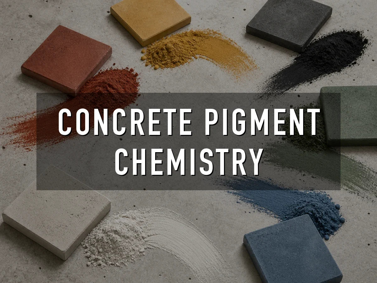 Red, yellow, black, green, white and blue concrete pigment powders swept across a concrete surface beside pavers cast in the matching colors, titled “Concrete Pigment Chemistry”