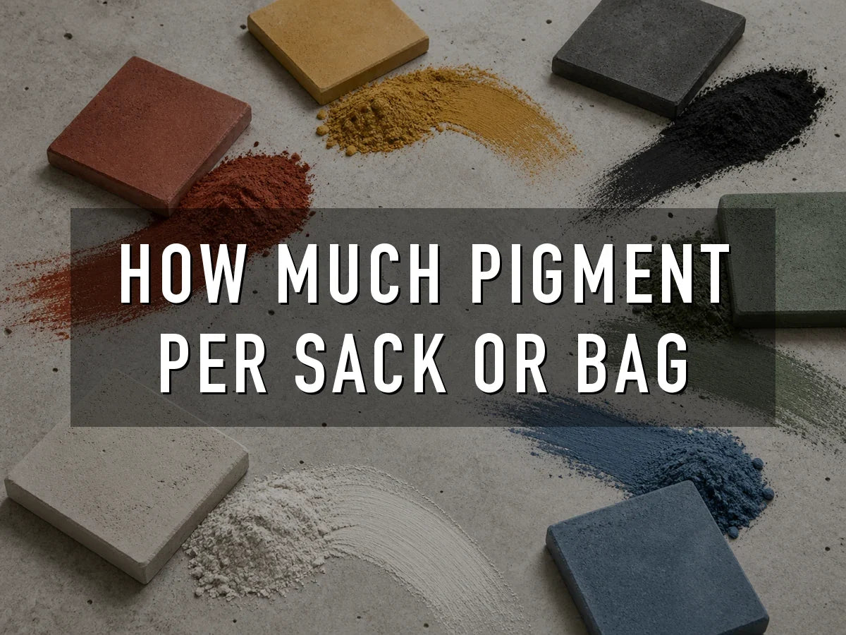 Red, yellow, black, green, white and blue concrete pigment powders swept across a concrete surface beside pavers cast in the matching colors, titled “How Much Pigment Per Sack or Bag”