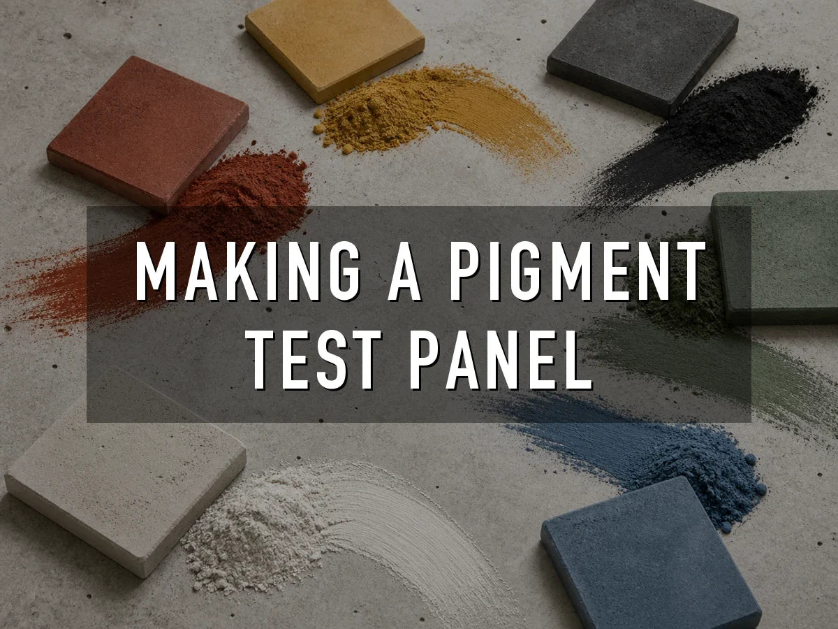 Red, yellow, black, green, white and blue concrete pigment powders swept across a concrete surface beside pavers cast in the matching colors, titled “Making a Pigment Test Panel”
