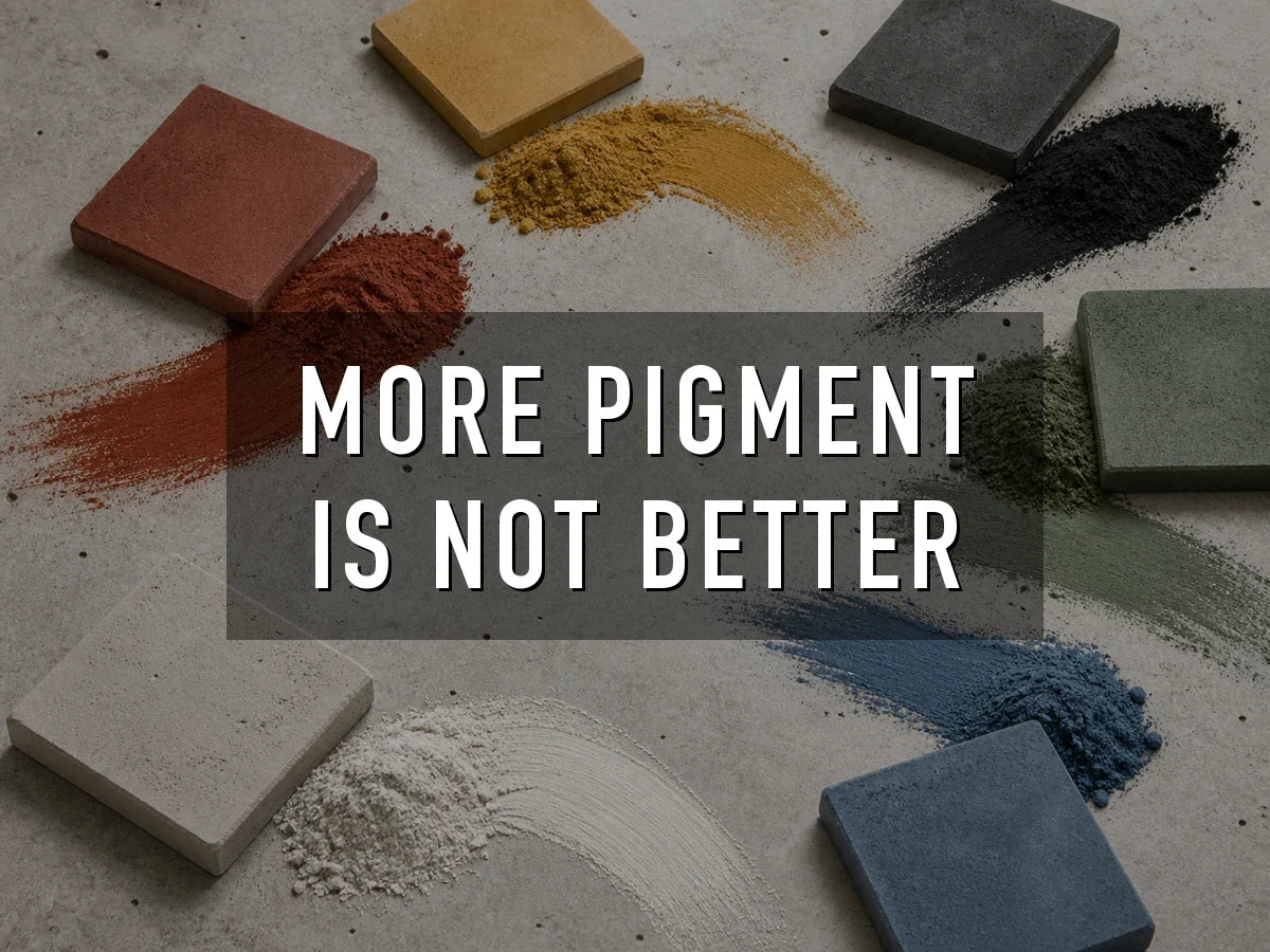 Red, yellow, black, green, white and blue concrete pigment powders swept across a concrete surface beside pavers cast in the matching colors, titled “More Pigment Is Not Better”