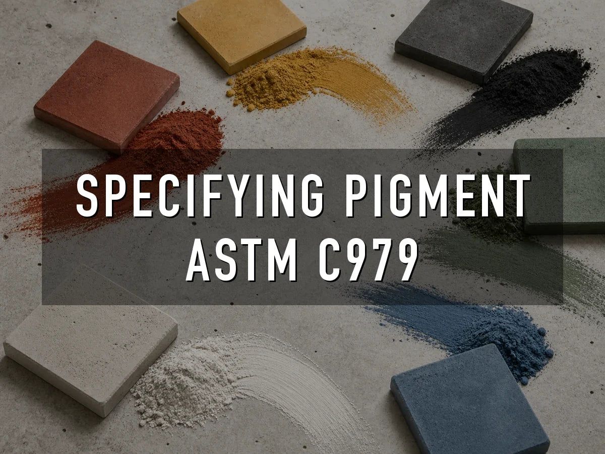 Red, yellow, black, green, white and blue concrete pigment powders swept across a concrete surface beside pavers cast in the matching colors, titled “Specifying Pigment to ASTM C979”