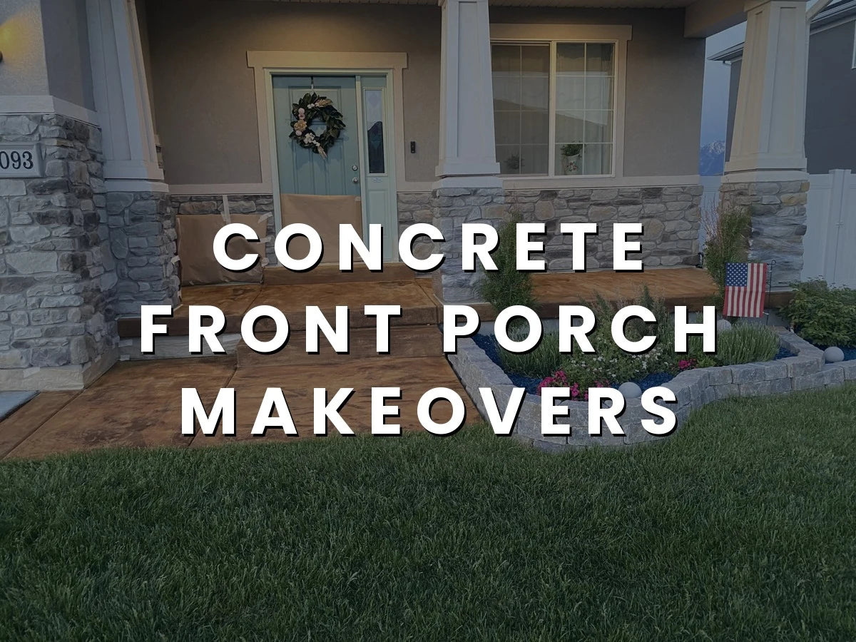 Before and after photo of a front porch restoration, transitioning from old, worn-out concrete to a revitalized surface stainedmwith Antiquing Charcoal