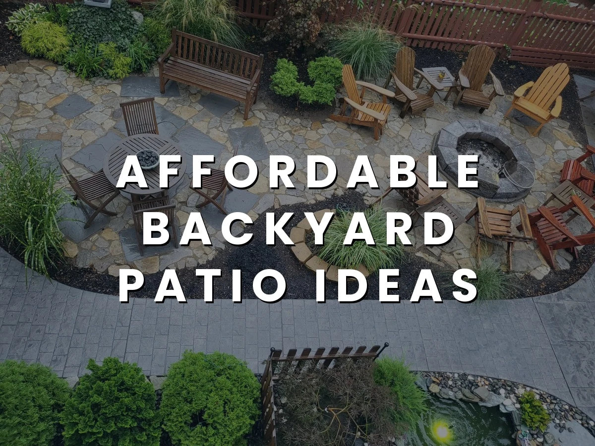 Backyard stamped concrete patio stained with Antiquing Auburn, Khaki, Terracotta, and Yukon Gold for a multicolor paver-style finish.