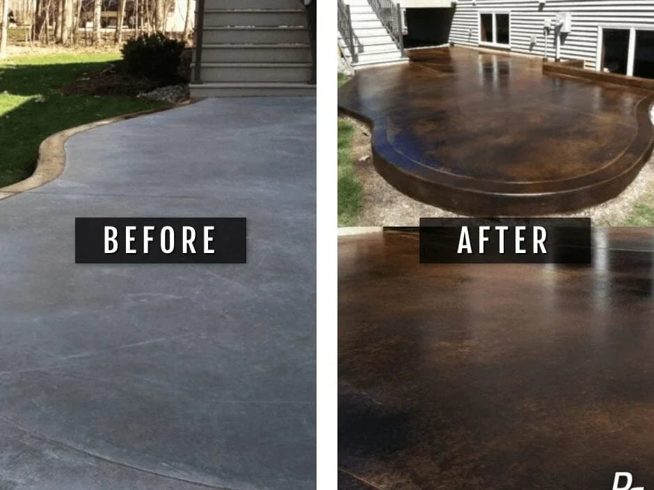 Coffee Brown & Black Acid Stained Patio Before & After Picture