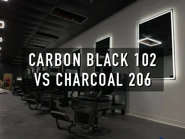 Carbon Black 102 vs Charcoal 206 title card over a charcoal stained concrete floor