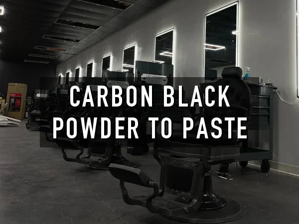 Carbon Black Powder to Paste title card over a charcoal stained concrete floor