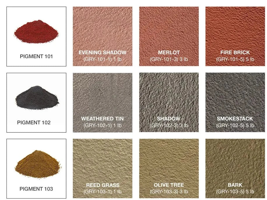 Concrete pigment color chart rows showing raw pigment beside cast samples at 1, 3 and 5 lb doses