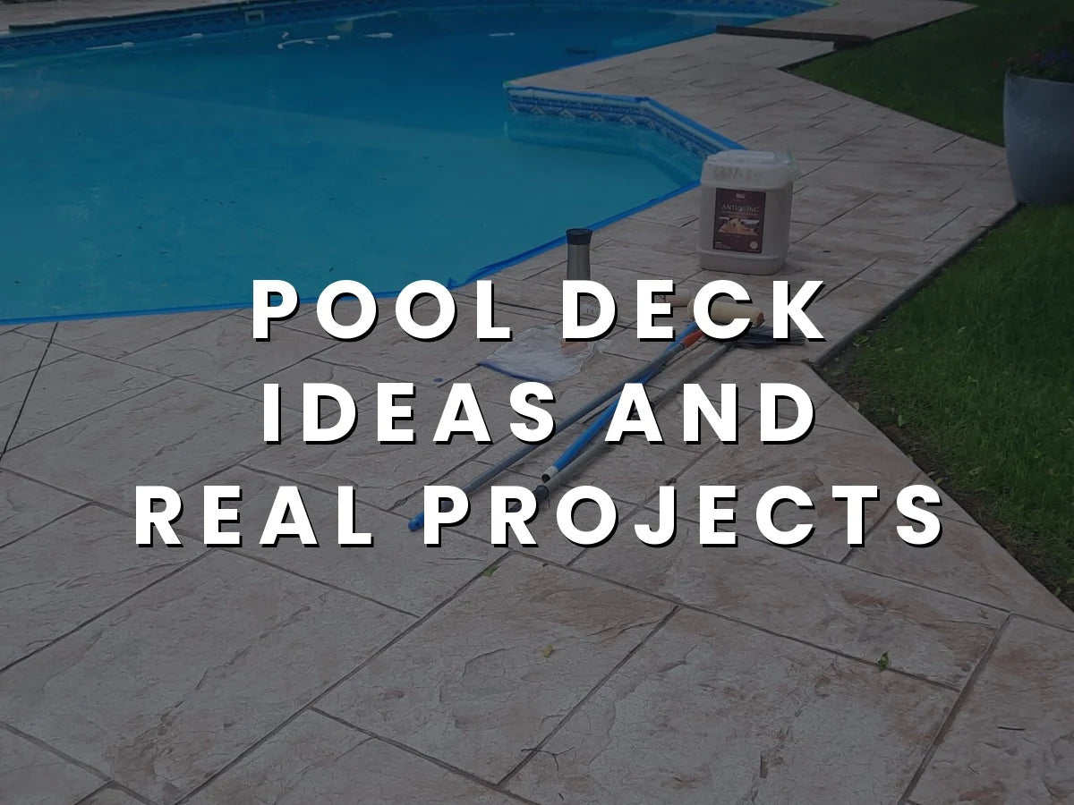 A faded stamped concrete pool deck before being restored with Tan Antiquing stain