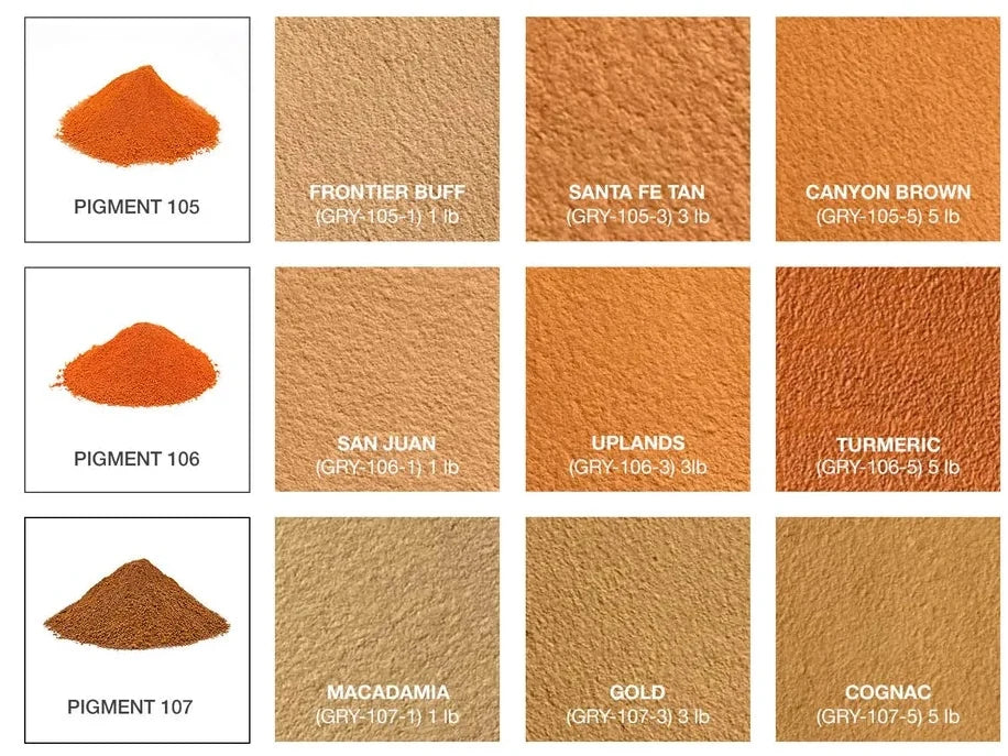 Concrete pigment chart rows for codes 105, 106 and 107 showing raw pigment beside cast samples