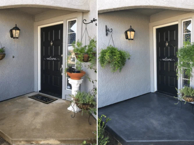 Before and after photo of a front porch restoration, transitioning from old, worn-out concrete to a revitalized surface stainedmwith Antiquing Charcoal