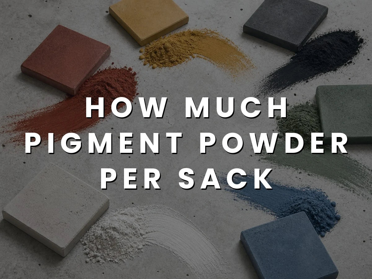 Red, yellow, black, green, white and blue concrete pigment powders swept across a concrete surface beside pavers cast in the matching colors, titled “How Much Pigment Per Sack or Bag”