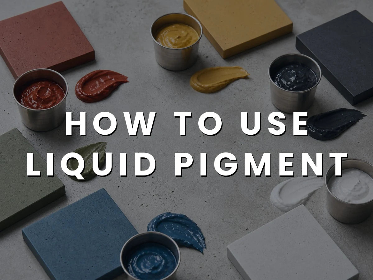 Red, yellow, black, green, blue and white liquid concrete pigment pastes in steel cups, smeared beside pavers cast in the matching colors, titled “How to Use Liquid Pigment”
