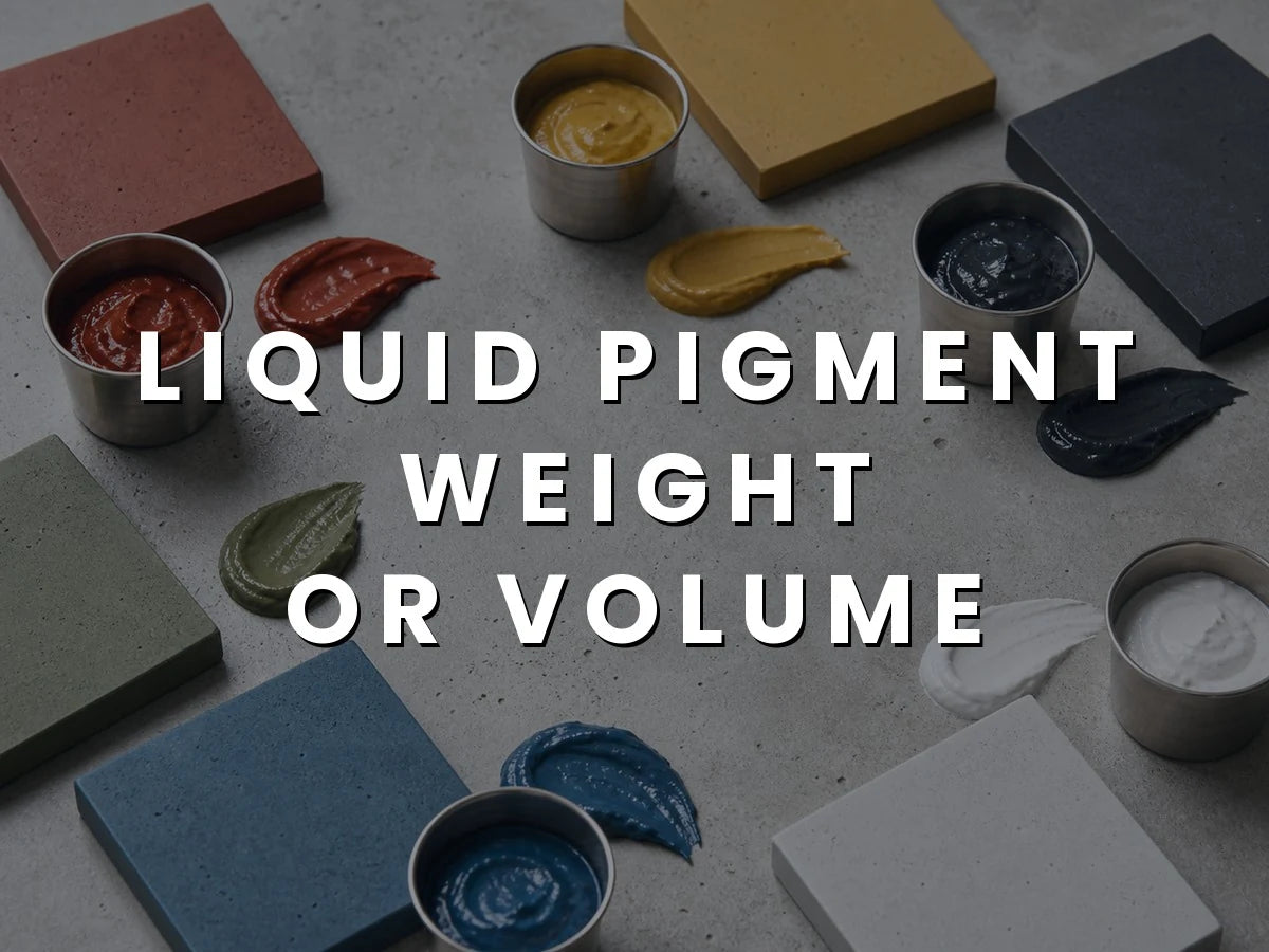 Red, yellow, black, green, blue and white liquid concrete pigment pastes in steel cups, smeared beside pavers cast in the matching colors, titled “Liquid Pigment Weigh Do Not Pour”