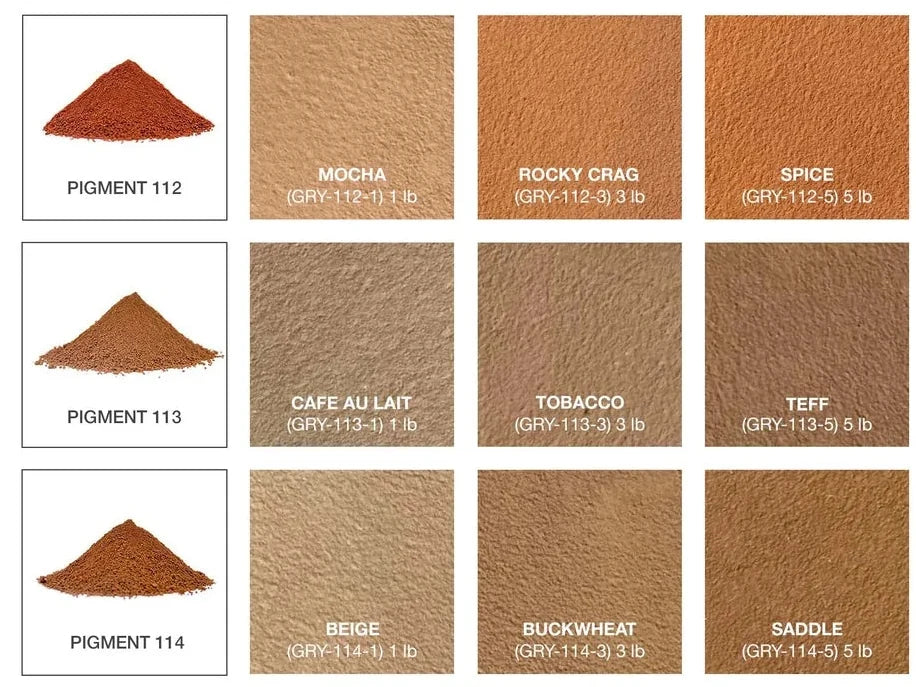 Concrete pigment chart rows for codes 112, 113 and 114 showing the same pigment at 1, 3 and 5 lb doses