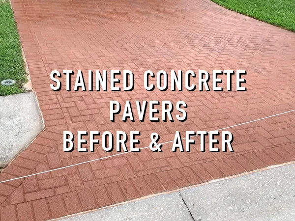 Stained Concrete Pavers Before and After — a russet-stained paver driveway