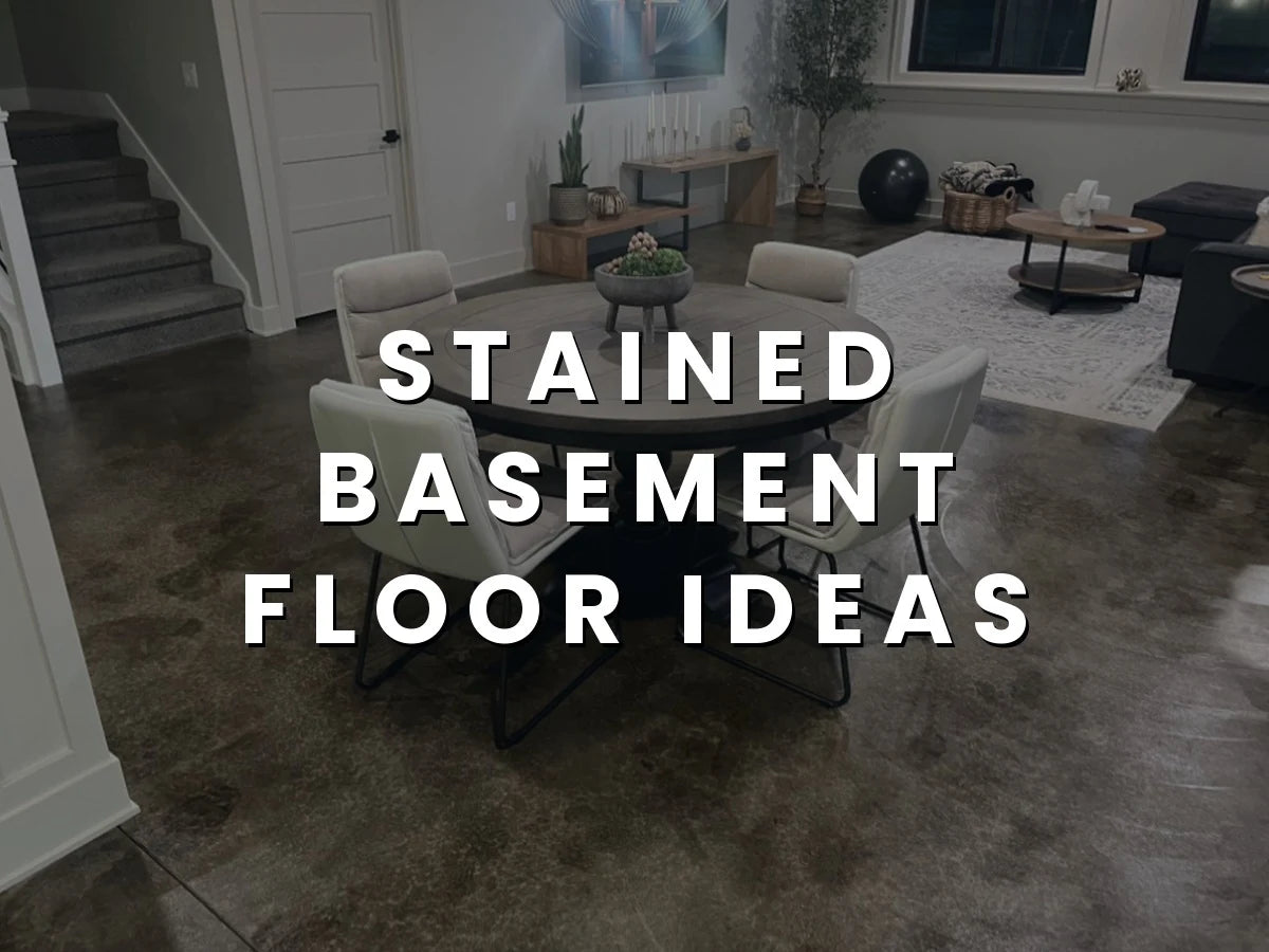 A finished basement living and dining area with a ColorWave Molasses stained concrete flor, modern furnishings, and soft lighting
