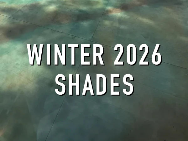 Winter 2026 Shades — cool and jewel-tone concrete colors, on a turquoise stained concrete slab