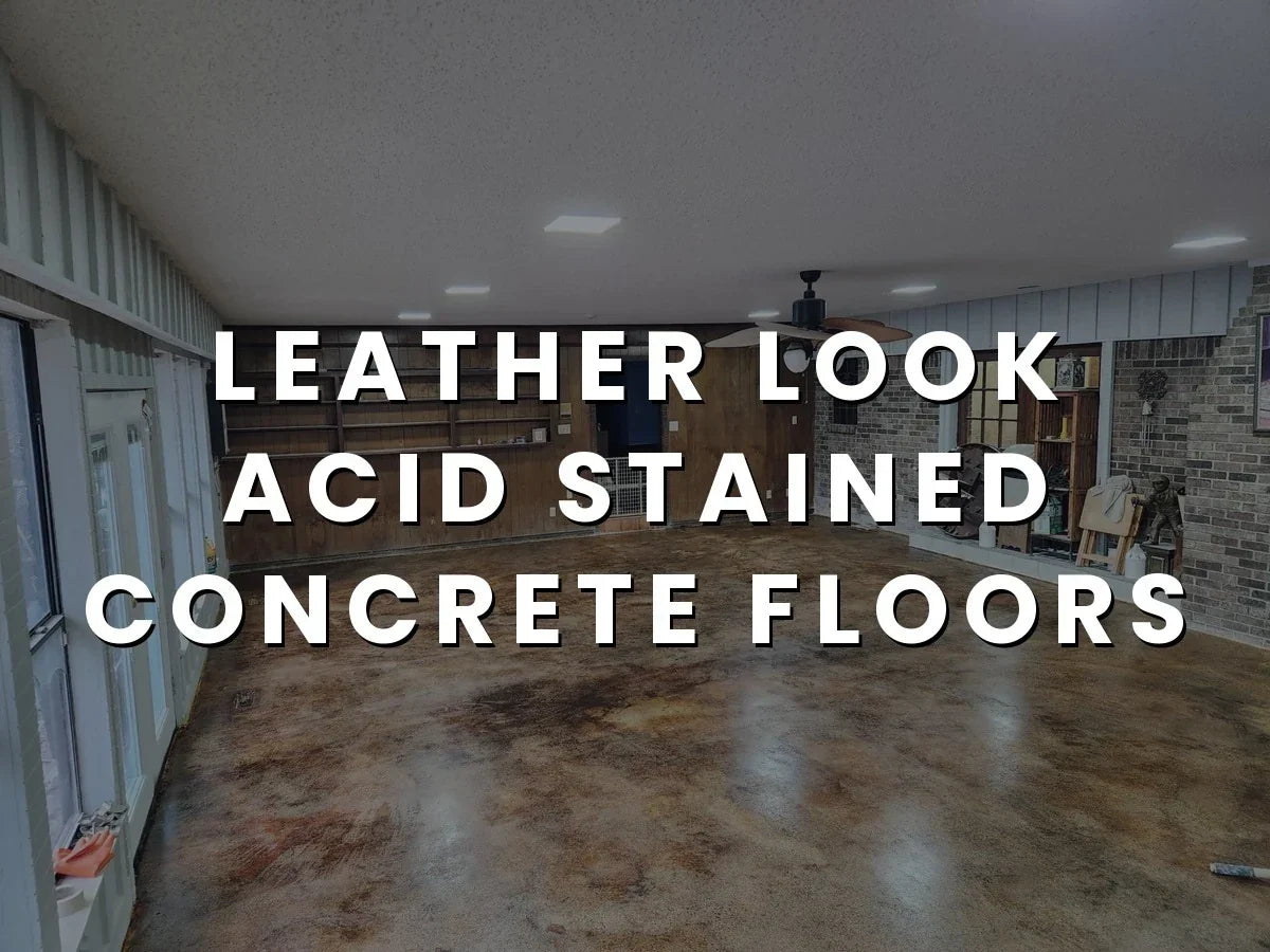 Before and after of Clayton Foster's floor, bare concrete to a Desert Amber and Coffee Brown leather look