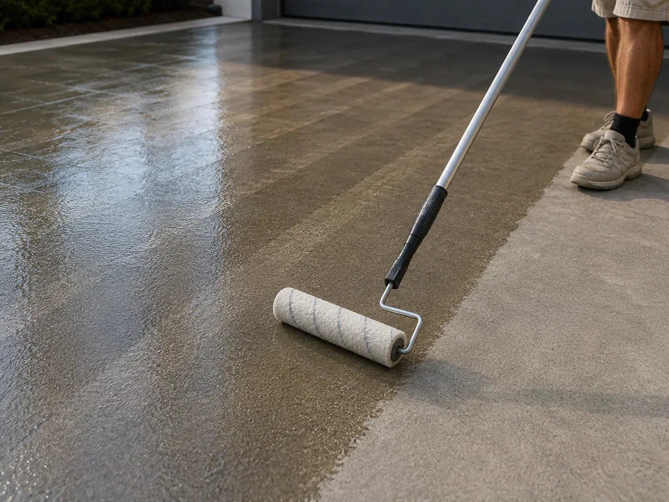 Applying concrete sealer with a roller, the wet sealed strip darker than the dry gray concrete beside it