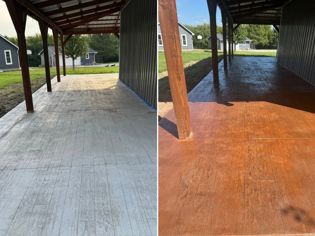 Before and after of a wood-plank stamped patio layered with Charcoal base, Chocolate, Driftwood, Russet, and Terracotta Antiquing stains