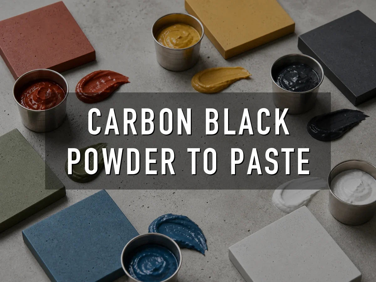 Red, yellow, black, green, blue and white liquid concrete pigment pastes in steel cups, smeared beside pavers cast in the matching colors, titled “Carbon Black Powder to Paste”
