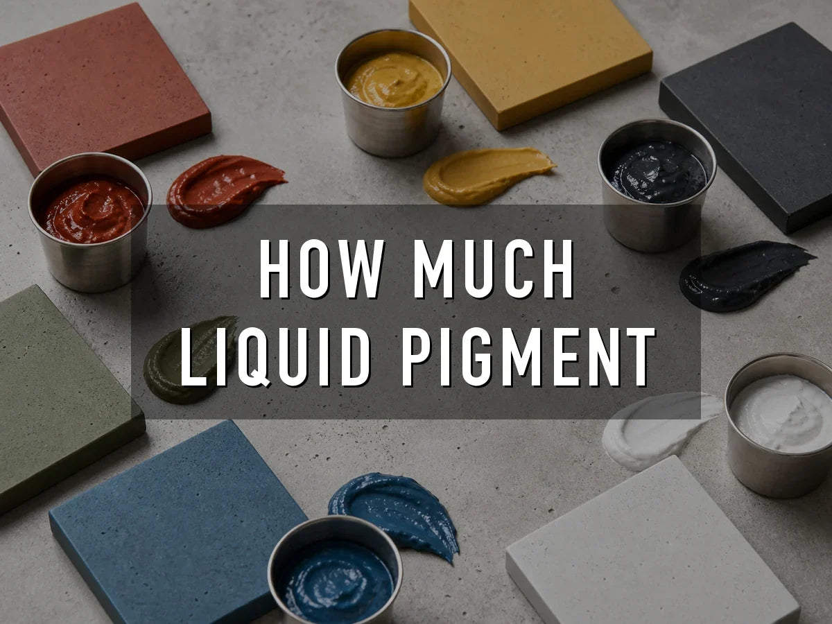 Red, yellow, black, green, blue and white liquid concrete pigment pastes in steel cups, smeared beside pavers cast in the matching colors, titled “How Much Liquid Pigment”