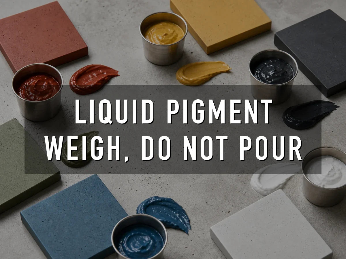 Red, yellow, black, green, blue and white liquid concrete pigment pastes in steel cups, smeared beside pavers cast in the matching colors, titled “Liquid Pigment Weigh Do Not Pour”