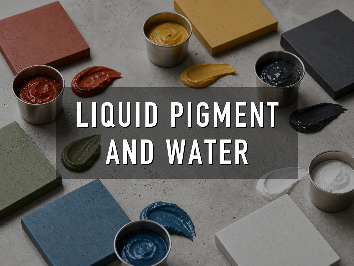 Red, yellow, black, green, blue and white liquid concrete pigment pastes in steel cups, smeared beside pavers cast in the matching colors, titled “Liquid Pigment and Water”