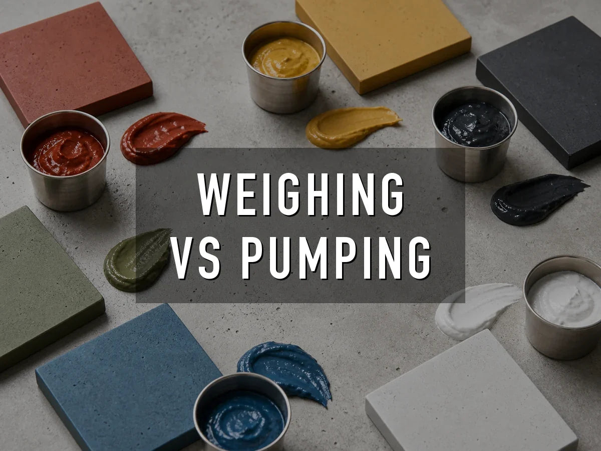 Red, yellow, black, green, blue and white liquid concrete pigment pastes in steel cups, smeared beside pavers cast in the matching colors, titled “Weighing vs Pumping”