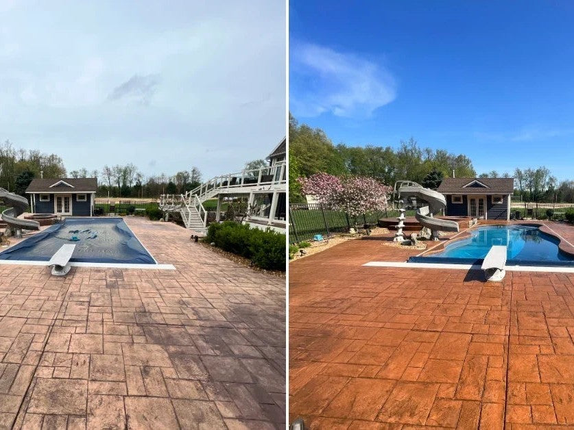 Before-and-after view of a stamped concrete pool deck restored with Yukon EasyTint tinted concrete sealer, changing the faded surface to a rich warm brown finish