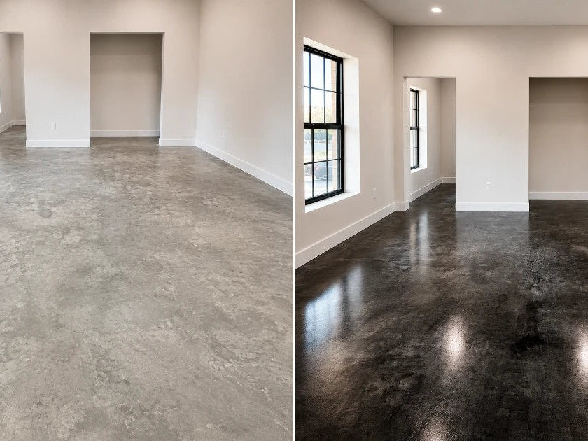 Before and after of an interior concrete floor, bare gray on the left and a glossy near-black water-based stain on the right