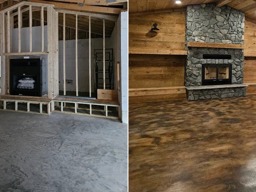 Before and after of Clayton Foster's floor, bare concrete to a Desert Amber and Coffee Brown leather look