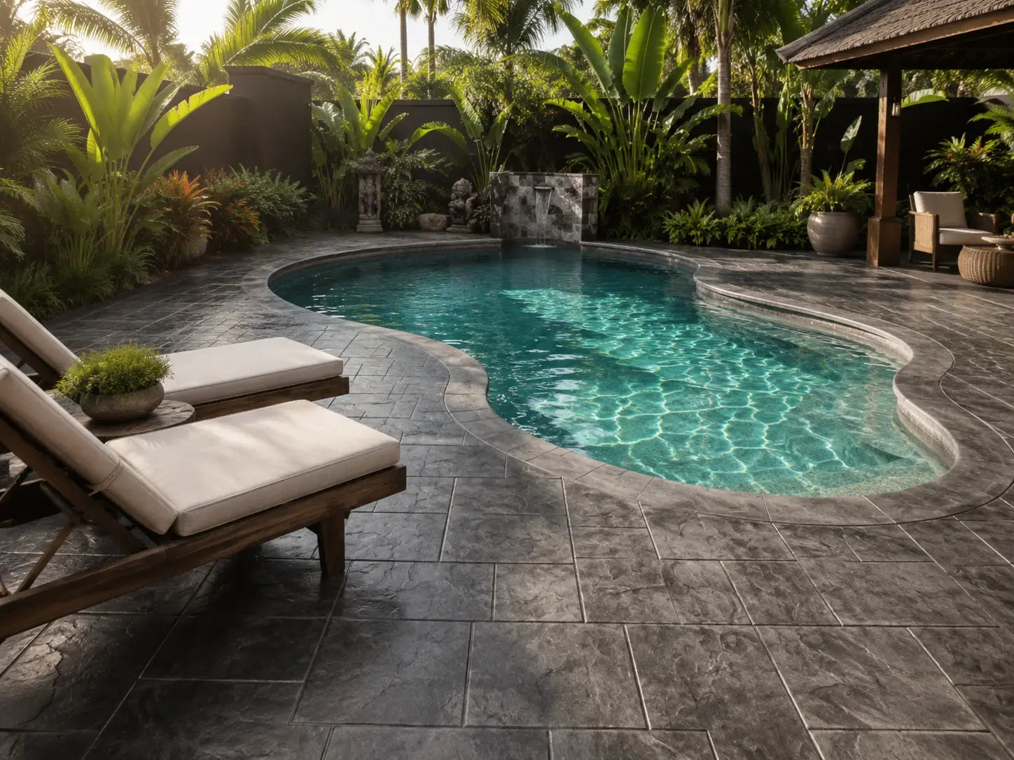 Charcoal Antiquing Stain on a stamped concrete pool deck