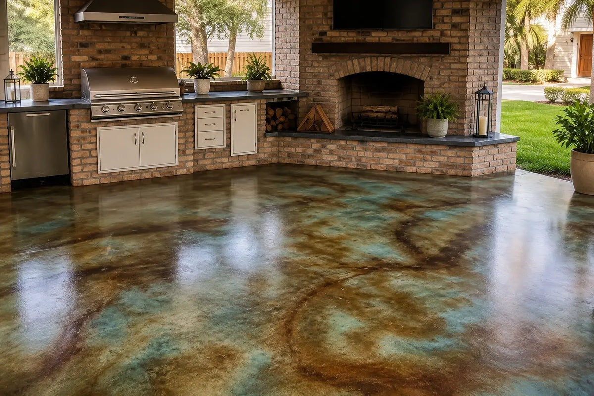 Seagrass and coffee brown stained concrete on a covered outdoor kitchen patio
