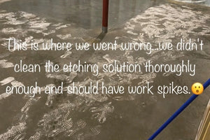 Etched footprints left on a concrete floor from dried etching solution and no spiked shoes