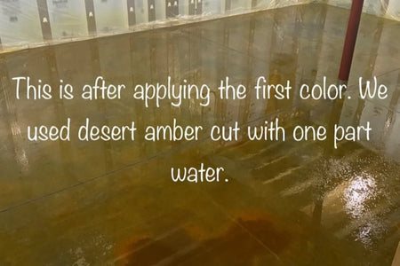 Desert Amber EverStain acid stain being sprayed onto a bare concrete floor as the base color