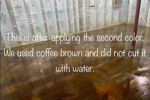 Coffee Brown acid stain applied wet-on-wet over Desert Amber on a concrete floor