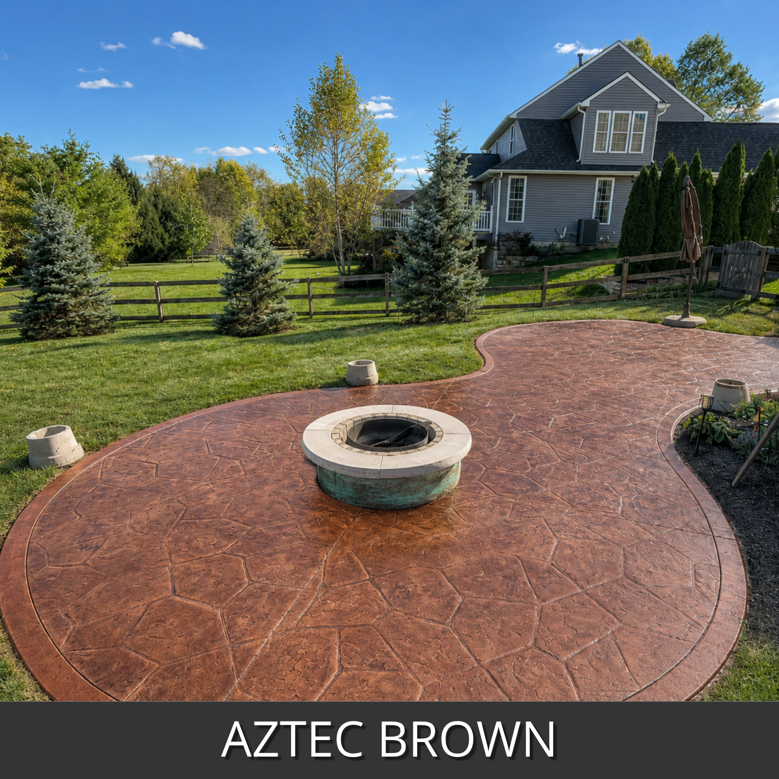 Stained stamped concrete patio with fire pit in a backyard setting, labeled 'Aztec Brown'.