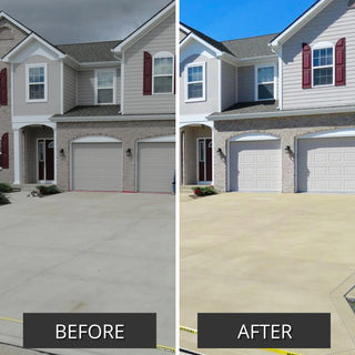 Before and after pair of a concrete driveway at a townhouse, resurfaced then stained, Antiquing™ Stamped Concrete Stain in 404 Buff