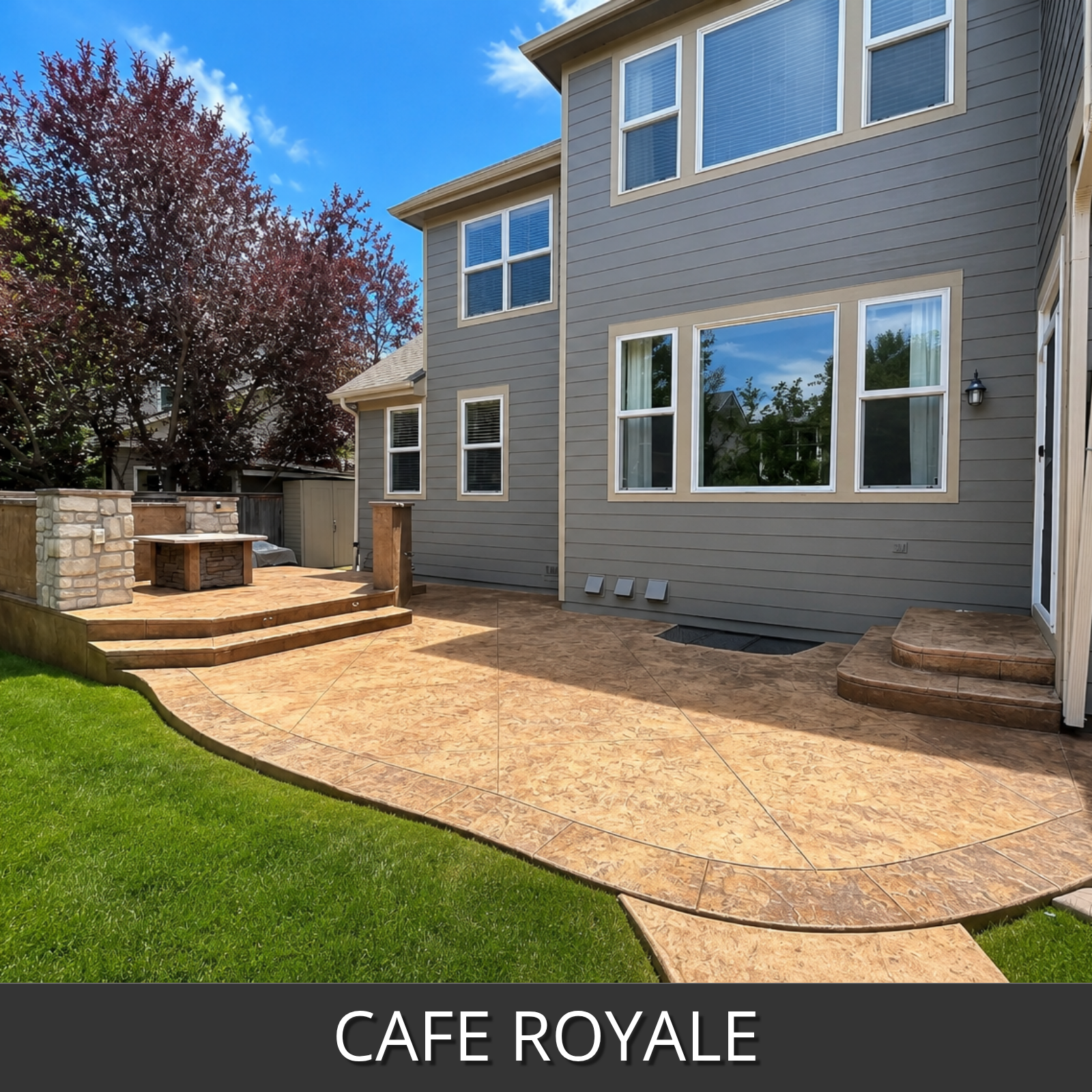 Backyard with a restored concrete patio and deck, featuring the 'Cafe Royale' antiquing stain color
