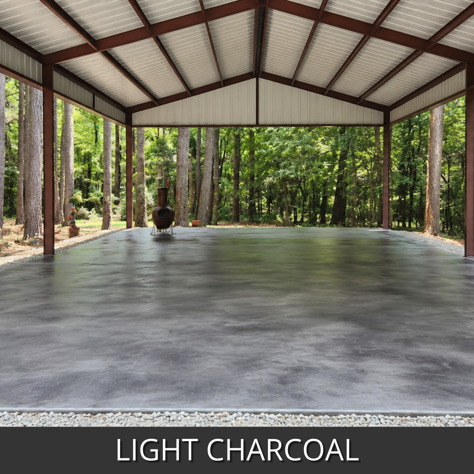 RV carport slab with a smooth light charcoal concrete floor, supported by dark brown posts under a white corrugated metal roof.