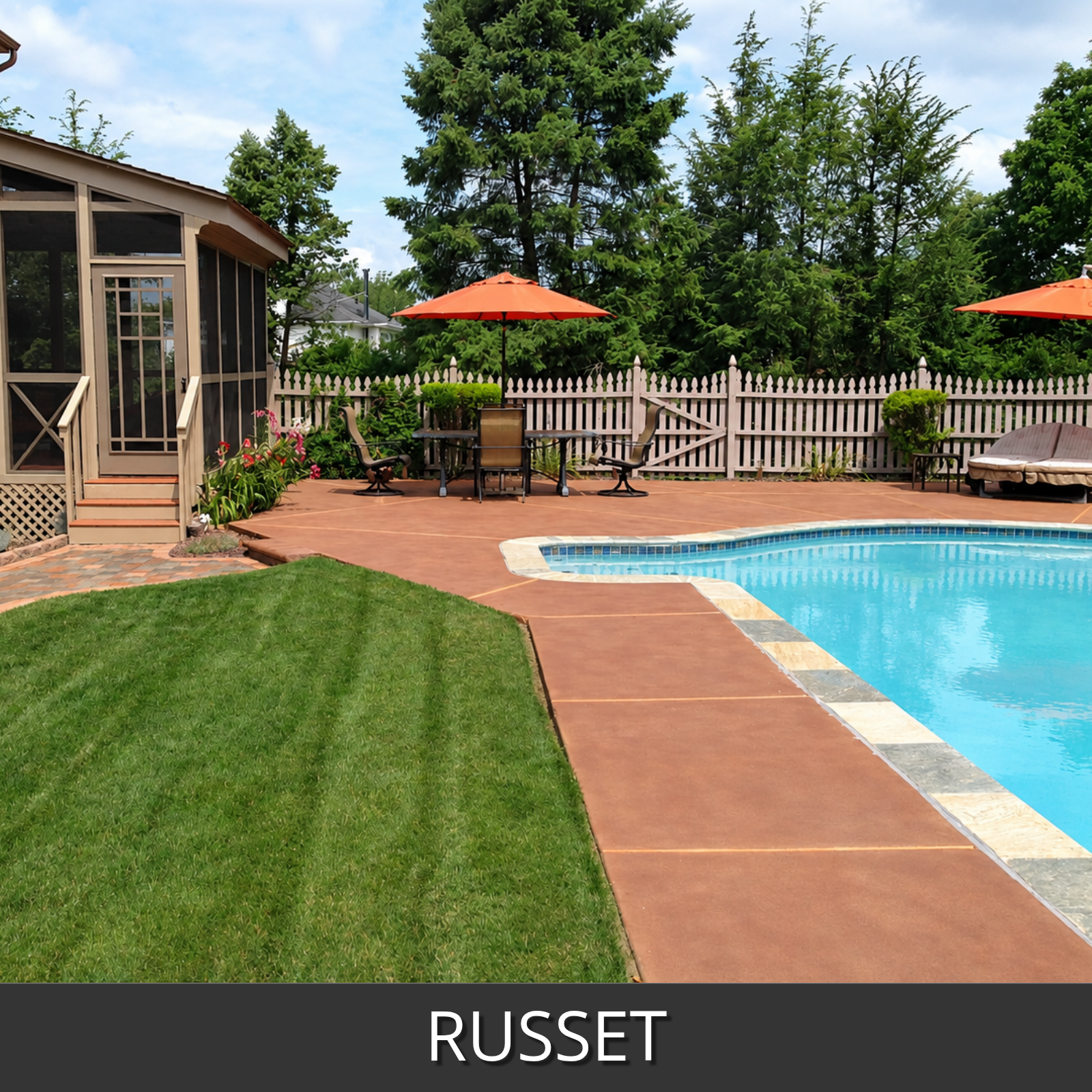 A backyard pool area with a russet-colored stamped concrete deck, a bright blue swimming pool, a green lawn, a screened porch, and orange patio umbrellas.