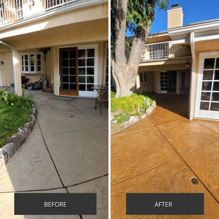 Before and after pair of a concrete walkway at a stucco house, plain then stained, Antiquing™ Stamped Concrete Stain in 430 Yukon Gold
