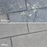 Stamped concrete before stripping, with a peeling coating, and after Destiny™ Stripper, clean and even