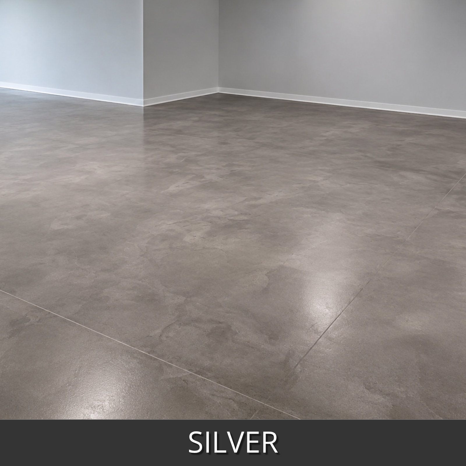 A polished concrete-look floor sample in a room corner, shown in colorwave silver finish