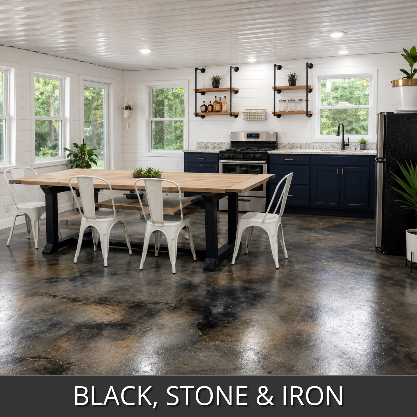 A polished concrete floor in a bright kitchen and dining area