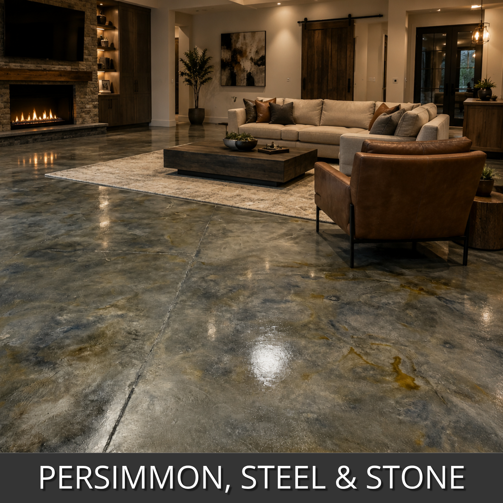 A polished concrete floor in a modern living room setting, featuring a mottled gray and brown pattern with subtle gold and blue-green veining
