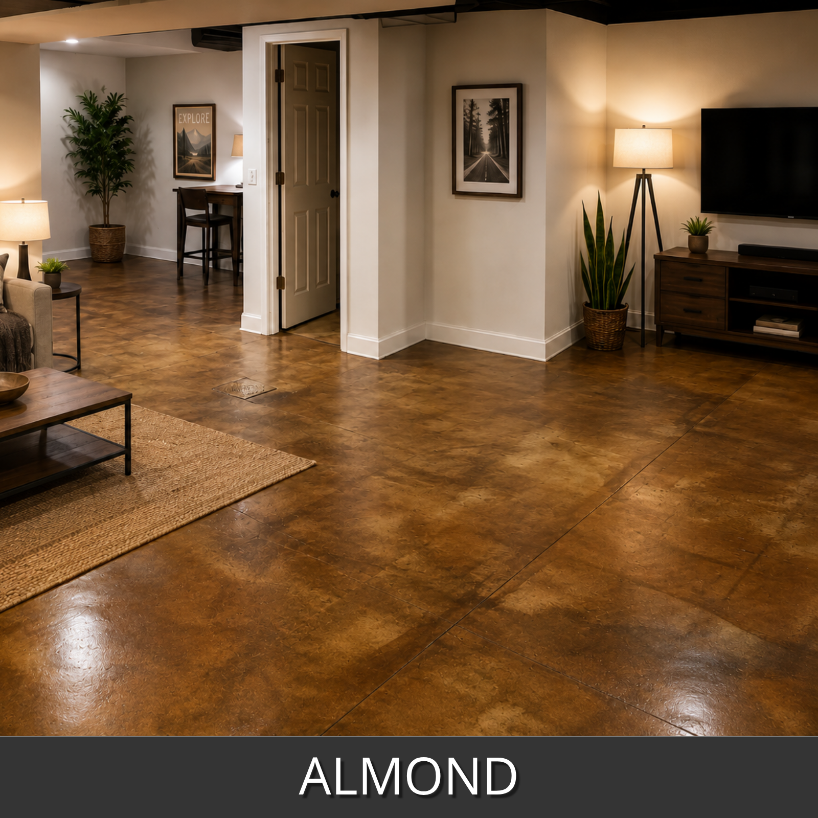 A basement living room with glossy warm brown floor shown from above at an angle