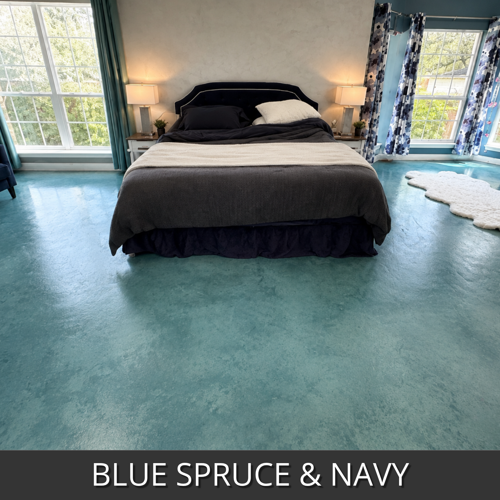 A serene modern bedroom with a bed dressed in dark gray and white bedding, set in a room with a glossy blue-green floor using blue spruce and navy colorwave colors and blue curtains